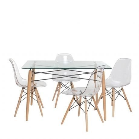 Combo Mesa Eames Vidrio 120 + 4 Sillas Eames Transparente