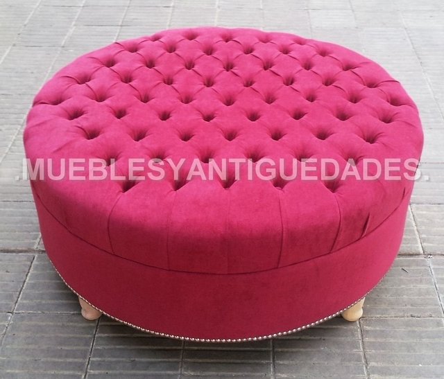 Taburete puff redondo patas madera y terciopelo rosa 34x38 decoración