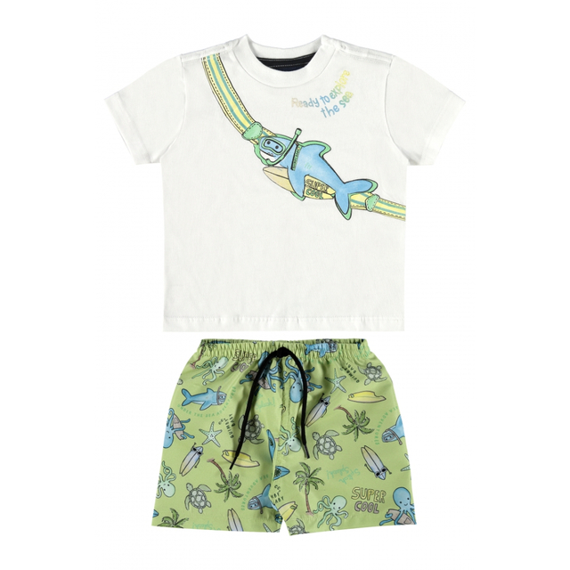 Quimby Boys T-shirt and Swim Shorts Set in White/Green - Quimby