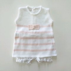 Vestido Trapézio Curto Branco e Rosa - Baby Fio Tricot Infantil
