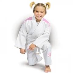 Kimono de Judô Infantil Branco Green Hill Kids Logo Rosa com Faixa
