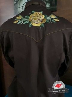 Camisa Western Masculina Rosas Marrom/ Ocre