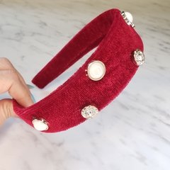 Tiara Headband Veludo e Pérolas - Prata - comprar online