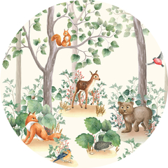 bosque acuarela mural redondo circulo animalitos del bosque woodland zorrito
