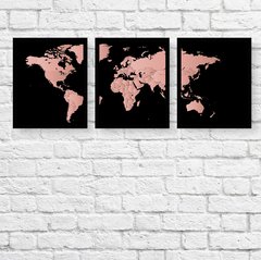 trio de quadros mapa mundo preto e rosa moldura preta