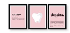 trio de quadros consultorio odontologico fundo rosa moldura preta