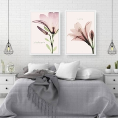 kit quadros flores rose moldura branca fundo rosa