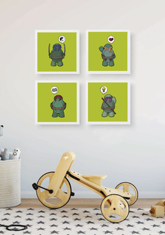 kit quadros tartarugas ninjas fundo verde claro moldura branca