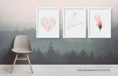Trio de quadros - Amor leve  (coração,pena,love) -moldura branca