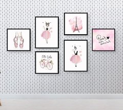 kit quadros infantil ballet fundo rosa moldura preta