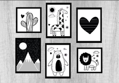 kit de quadros infantil ilustracoes estilo escandinavo preto e branco moldura preto