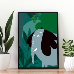 quadro decorativo diversidade na floresta  elefante moldura preta