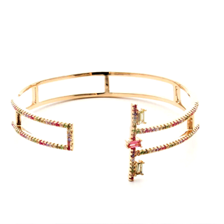 Pulseira bracelete aberto dourado com cristais coloridos cravejados folheado em ouro 18k