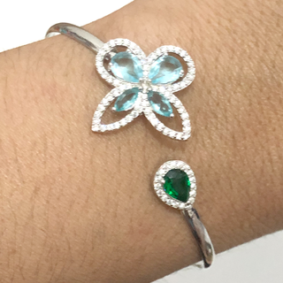Pulseira Bracelete de prata 925 com flor de cristais topázio com  e gota esmeralda