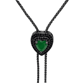 Colar gravatinha chocker em rodio negro e pingente coração de zirconia esmeralda