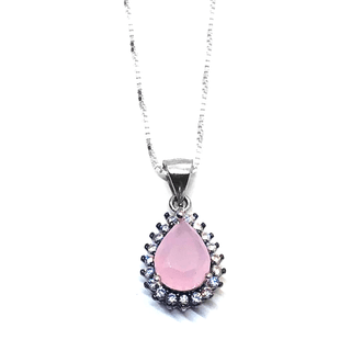 Corrente em prata 925 com gota de zirconia rosa e zirconias brancas