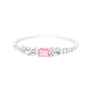 Pulseira Bracelete com cristais translúcidos e cristal pink folheada em ródio branco