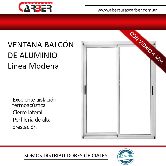 Ventana BALCON De Aluminio MODENA VIDRIO SIMPLE 4 MM 1 50 X 2 00