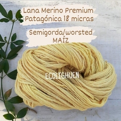 LANA de Oveja MERINO PREMIUM PATAGÓNICA SEMIGORDA/worsted 18 micras - 100 grs - Ecolighuen