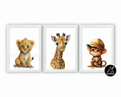 Quadros Infantis Safari Leão, Girafa e Macaco