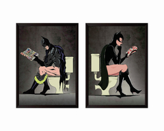 Quadros Batman e Mulher Gato no Banheiro