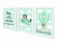 Quadros Infantis Ursinho Voador em tons verdes - Ateliê Ana Ávila
