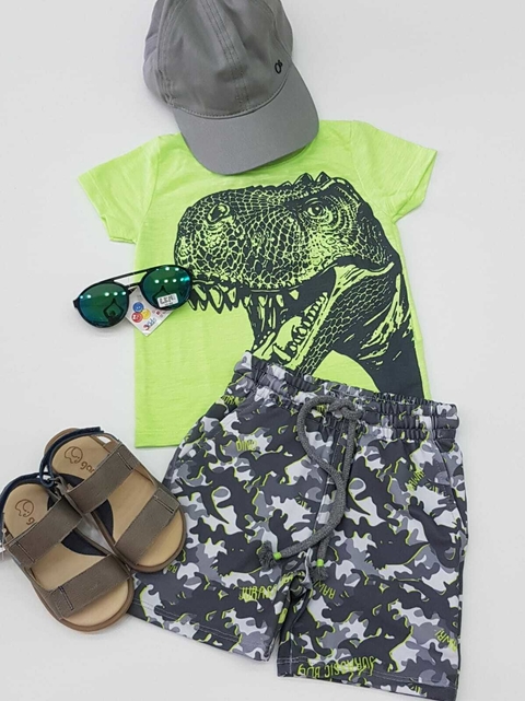 Conjunto Regata E Short Tactel Dinossauro Jurassic Period Verde