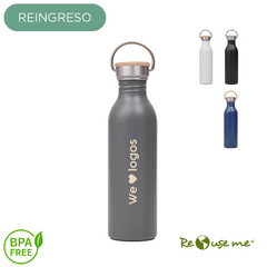 botellas con tapa bamboo, ACERO 750ml, CADA UNA, OPCION GRABADA