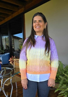BS-0682- Blusa de tricot todo vazado laranja/amarelo e lilás na internet