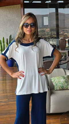 CJ-0151 - Conjunto Ellie pantacourt e blusa de viscose marinho com detalhes branco - comprar online