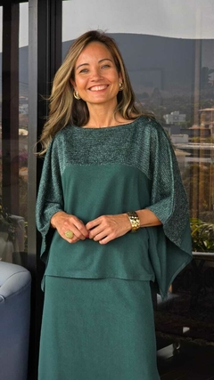 CJ-0160- Conjunto saia e blusa verde floresta detalhe malha com fios lurex - loja online