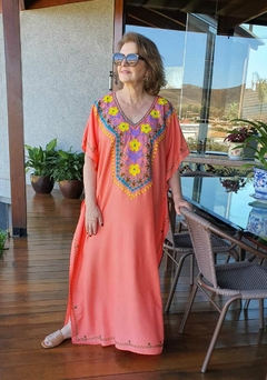 KA-0012 - Kaftan túnica longa, coral flores amarelas- 2371 - Kelch