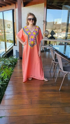 KA-0012 - Kaftan túnica longa, coral flores amarelas- 2371 - loja online