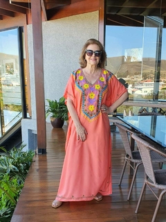 Imagem do KA-0012 - Kaftan túnica longa, coral flores amarelas- 2371