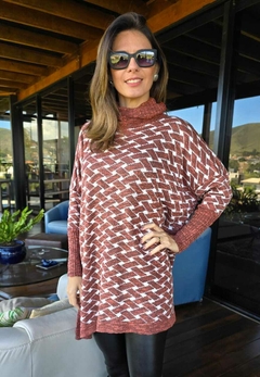 PO-0002 - Poncho tricot treliça terracota e branco - comprar online