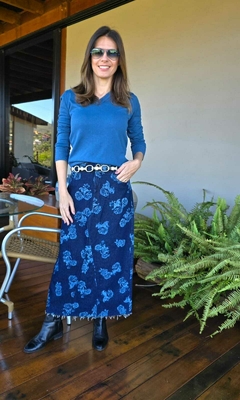 SA-0191 - Saia midi jeans escuro estampa de flor