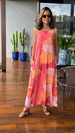 VE-0718A - Vestido regata midi em fluity tie-dye rosa/laranja