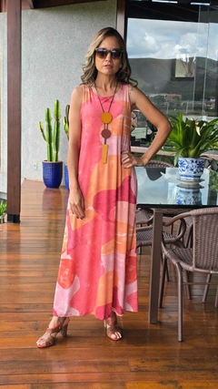 VE-0718A - Vestido regata midi em fluity tie-dye rosa/laranja - Kelch