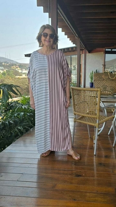 VE-0719 - Vestido kaftan composê listras rosa clarinho