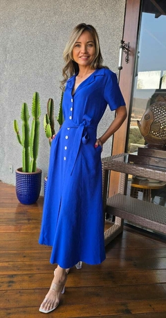 VE-0724- Vestido longo em tecido marant azul royal, cinturado, com botões - comprar online