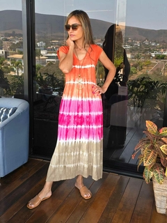 VE-0725- Vestido longuete viscolycra tie-dye laranja/pink/bege - Kelch