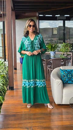 VE-0758 - Vestido indiano verde floresta bordados azul turqueza - comprar online