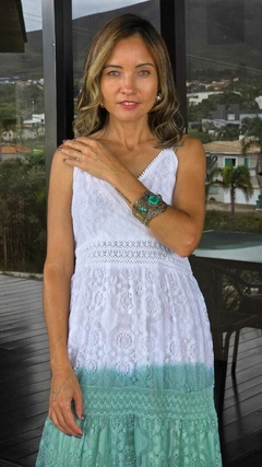 VE-0763- Vestido longo bicolor de renda branca e verde - comprar online