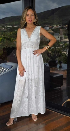 VE-0777 - Vestido longo laise branco renda circulos vazados no decote - comprar online