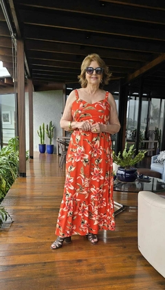 VE-0786 - Vestido em viscolinho flores no fundo vermelho tomate - loja online