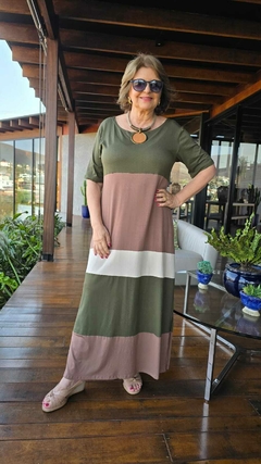 VE-0794 - Vestido longuete tricolor verde/marrom/off-white