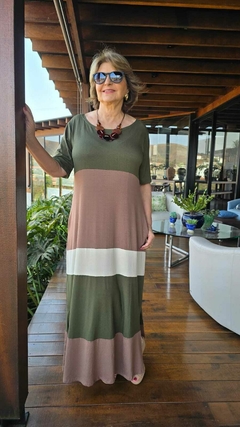 VE-0794 - Vestido longuete tricolor verde/marrom/off-white - comprar online