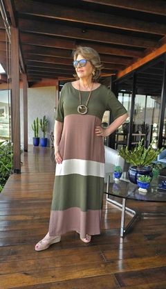 VE-0794 - Vestido longuete tricolor verde/marrom/off-white na internet