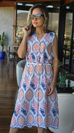 VE-0741- Vestido midi em laise bordada nas cores azul e laranja na internet