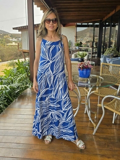 VE-0710A- Vestido longo de alcinhas em viscose azul e branco - loja online